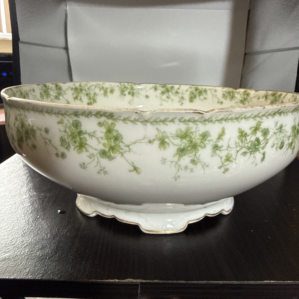 Vintage C.H. Field Haviland Limoges 9.5" Round Serving Bowl Footed Green Floral